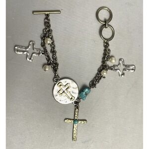 Vintage Cross Charm Bracelet Silver Tone Gold Tone Faux Pearl Easter Jewelry